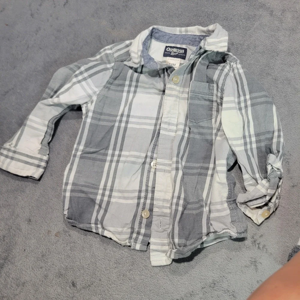 OshKosh Healthtex Plaid Shirt Boys 18M Grey Black Flannel Button Down Bundle 2pc